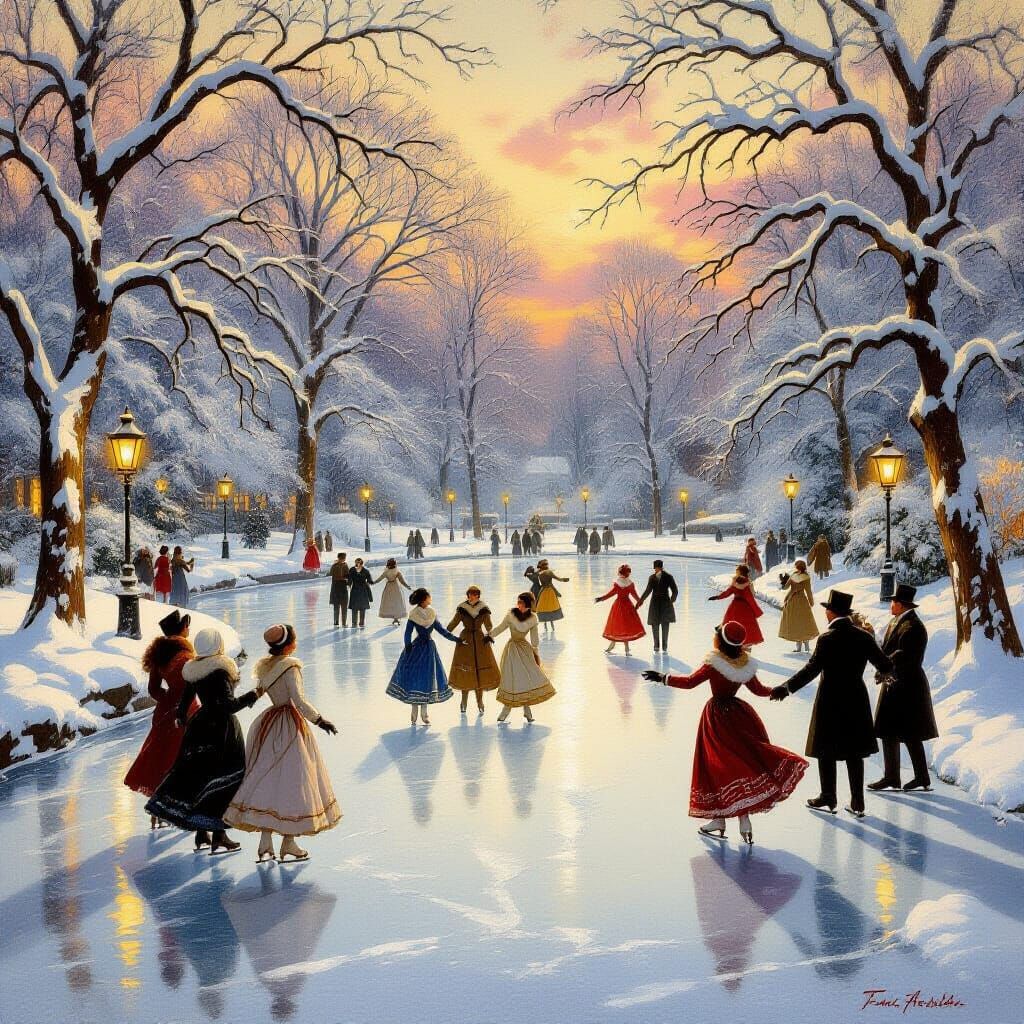 Victorian Ice Skating Scene in Golden Light