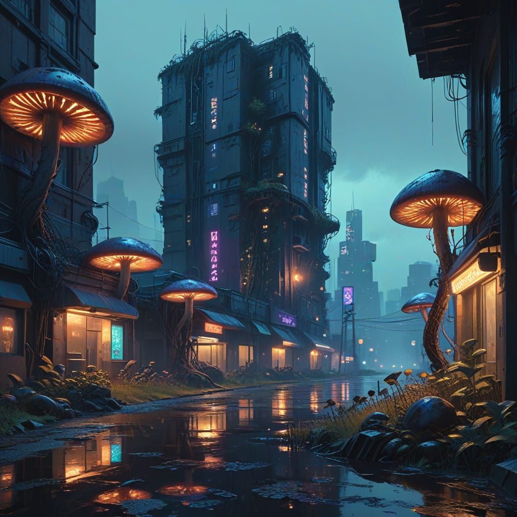 Abandoned Cyberpunk City Overgrown With Bioluminescent Flora