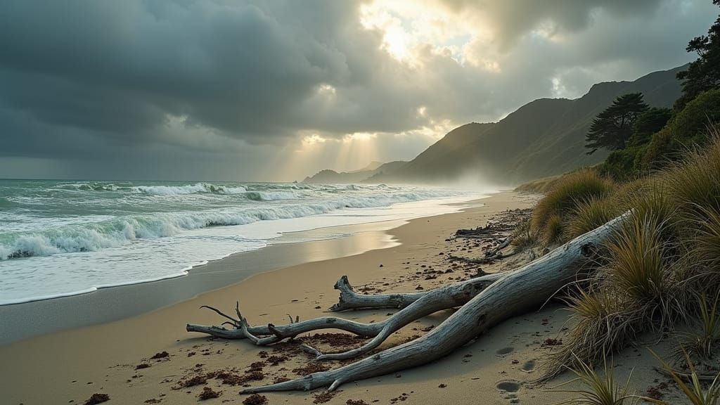 New Zealand Beach Scene with Stormy Waves and Driftwood