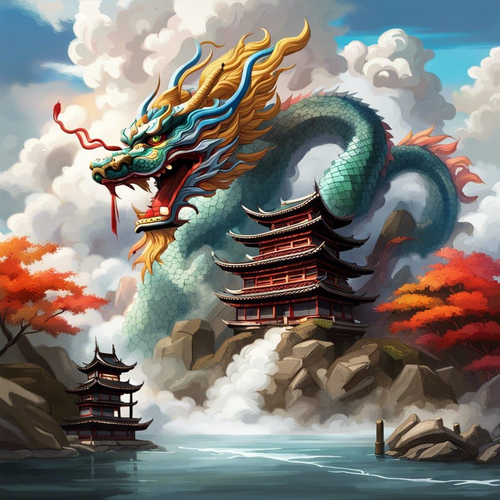 Cloud Dragon Protecting Temple: Hyperrealistic Splash Art