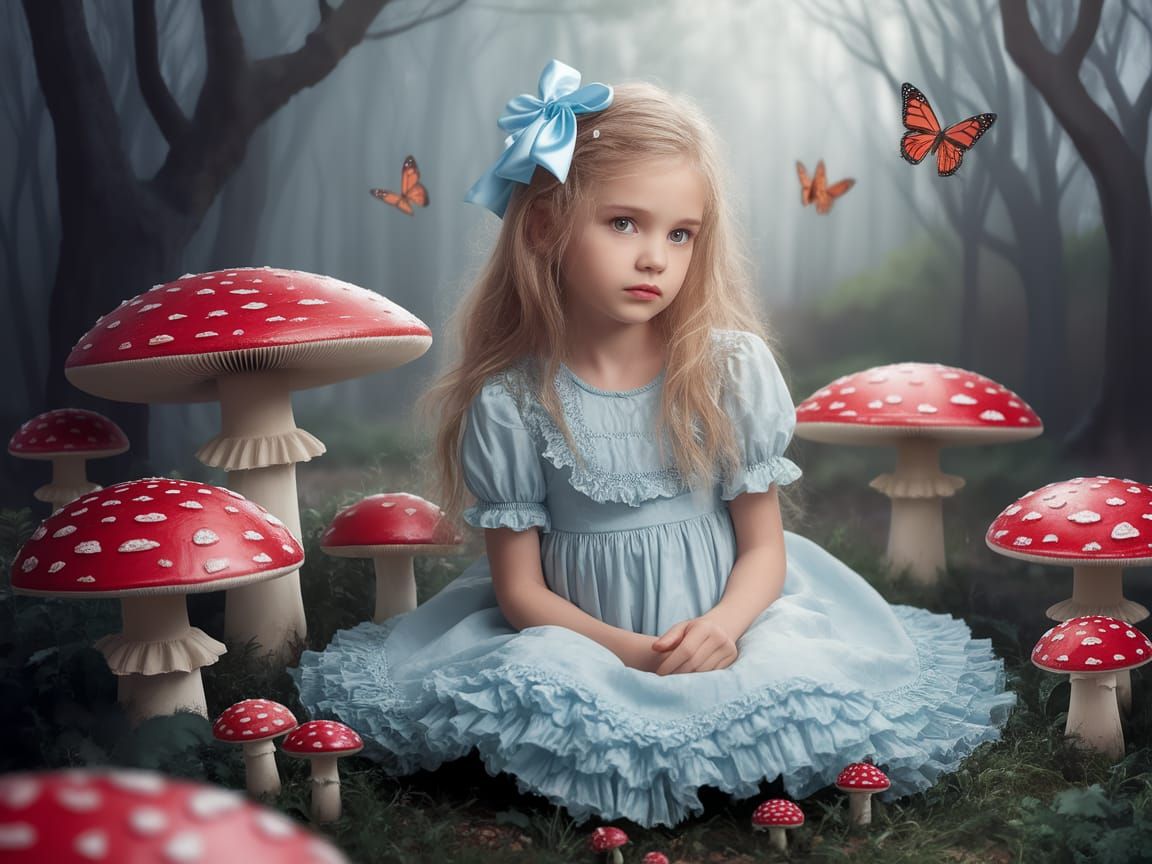 Whimsical Girl in Mushroom Forest with Butterflies