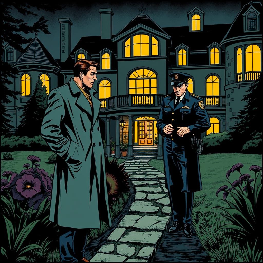 Detective Confrontation at Night in Comic Book Style