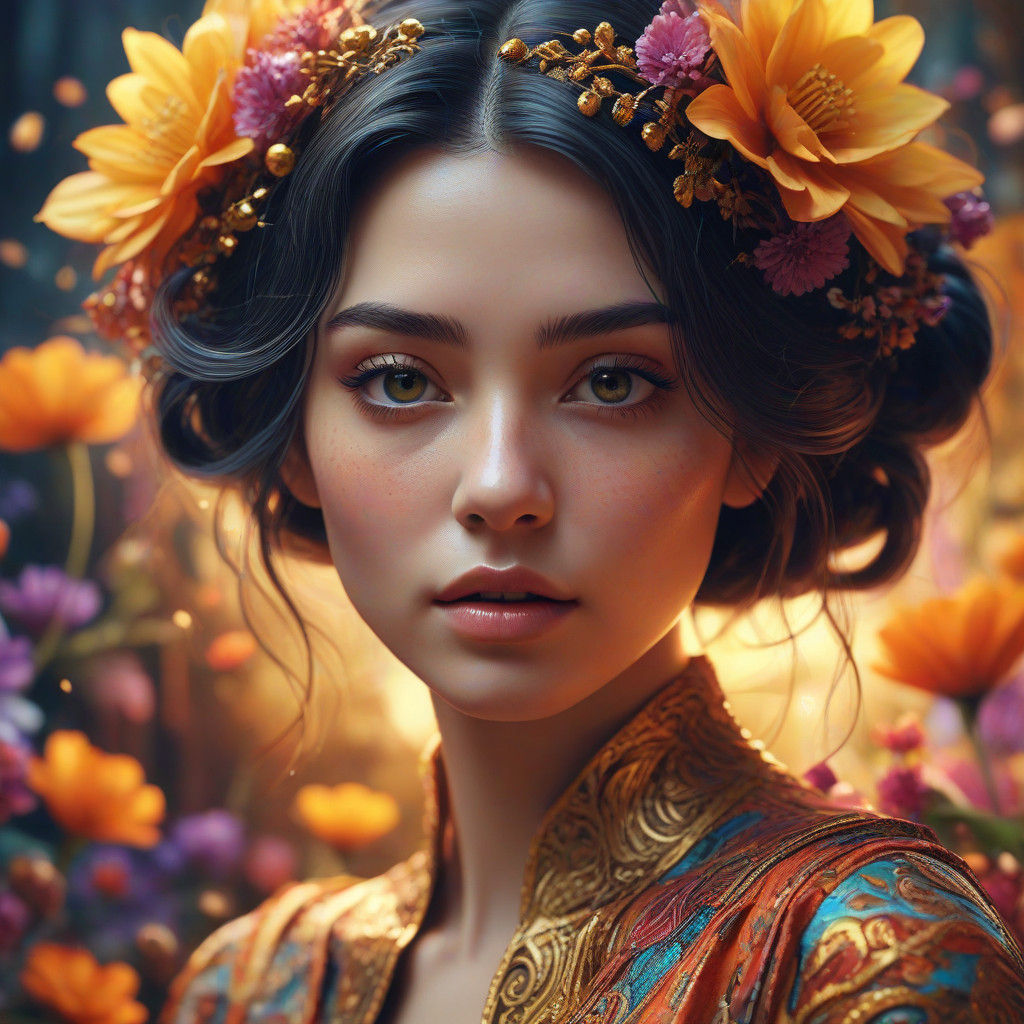 Mystical Woman in Ethereal Aura with Golden Paisley Flowers