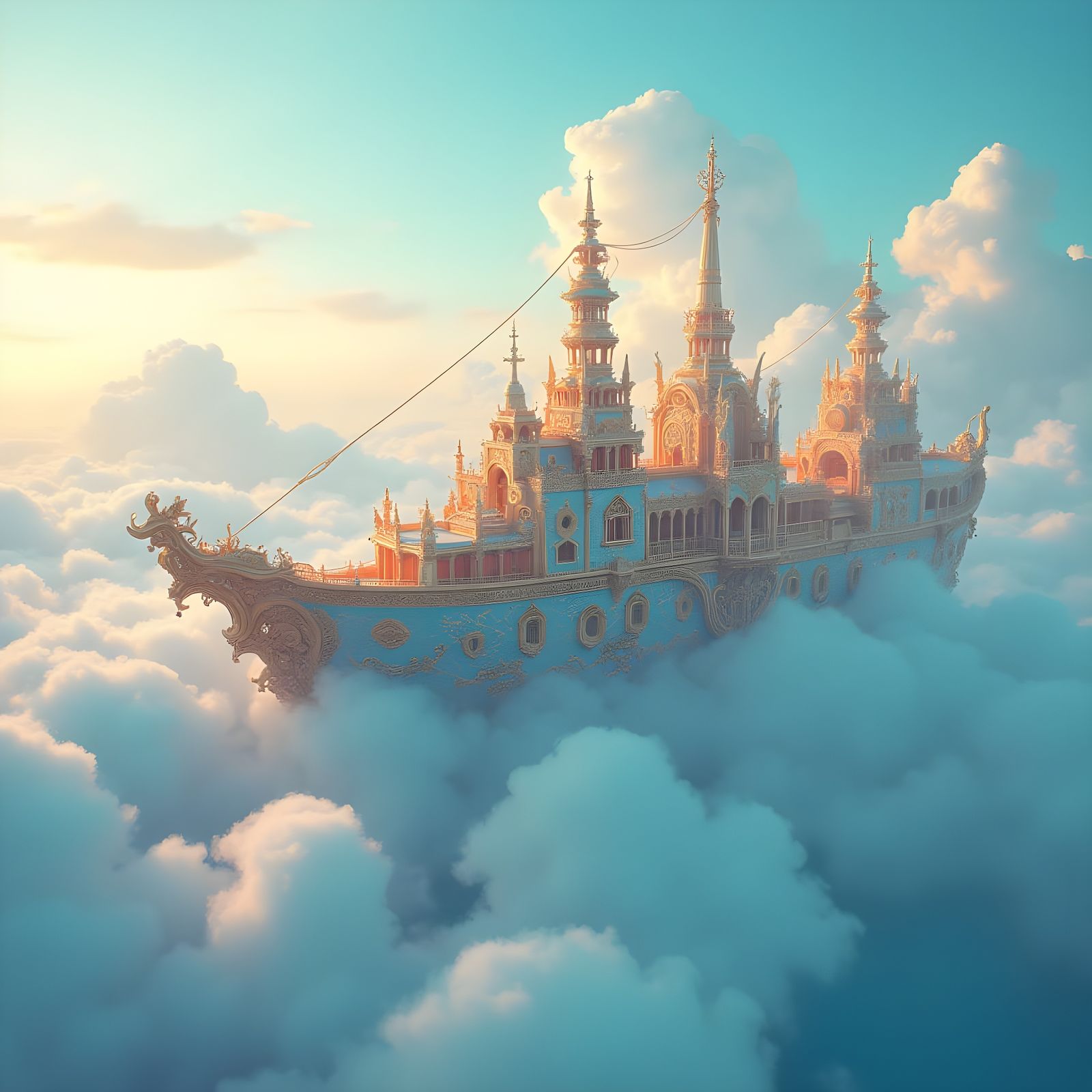 Floating Luxury Fantasy Ship in Vibrant Clouds