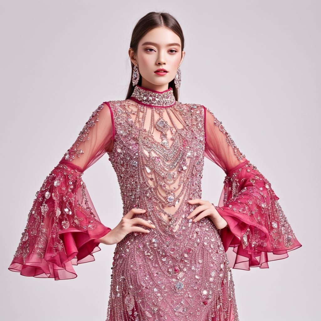 Rose Quartz Diamond Red-Link Gown, Bell Bottoms