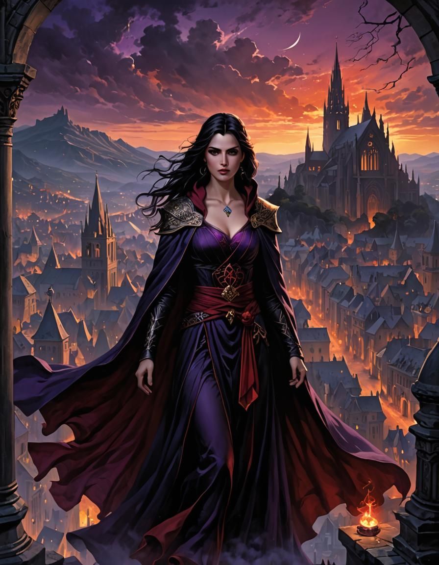 Enchantress in Mystical Cityscape: Dark Fantasy Cover Art