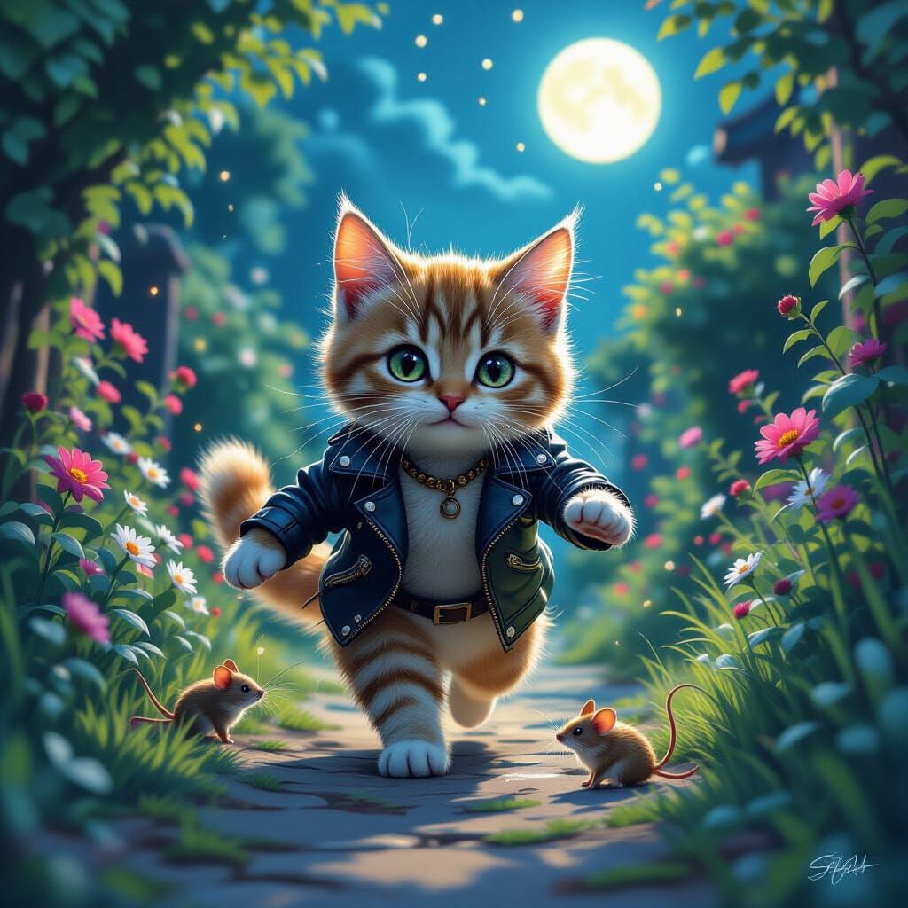 Whimsical Cat Chasing Mice in Moonlit Garden