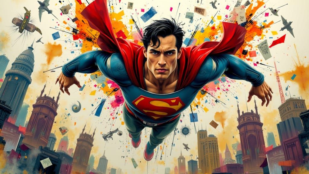 Superman Soaring Over Metropolis in Watercolor Comic Art