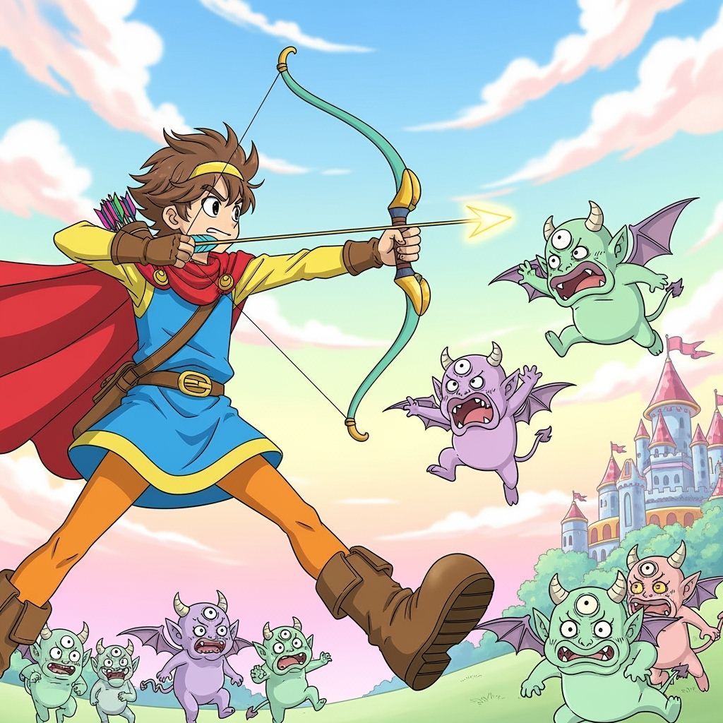 Boy Hero Aims at Cartoon Demons in Pastel Landscape