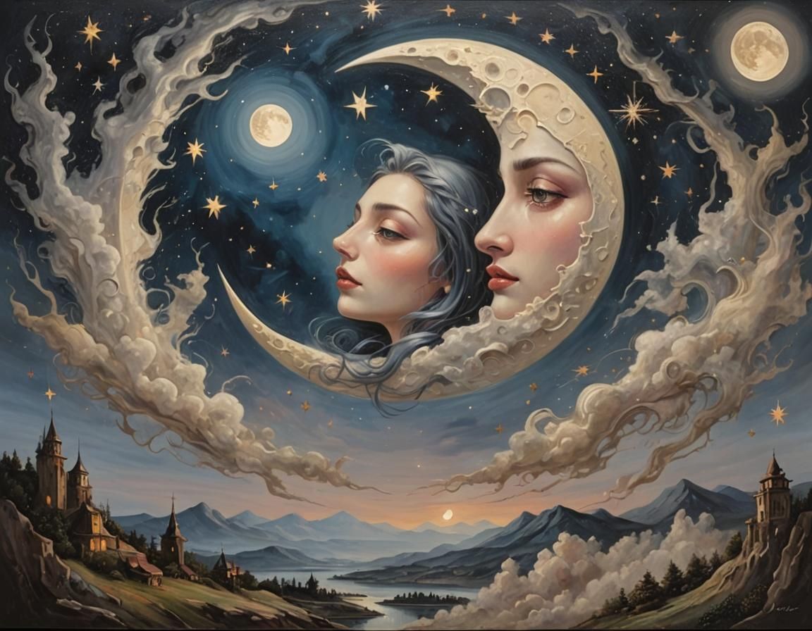 Surreal Moon and Stars in Realistic Oil Painting