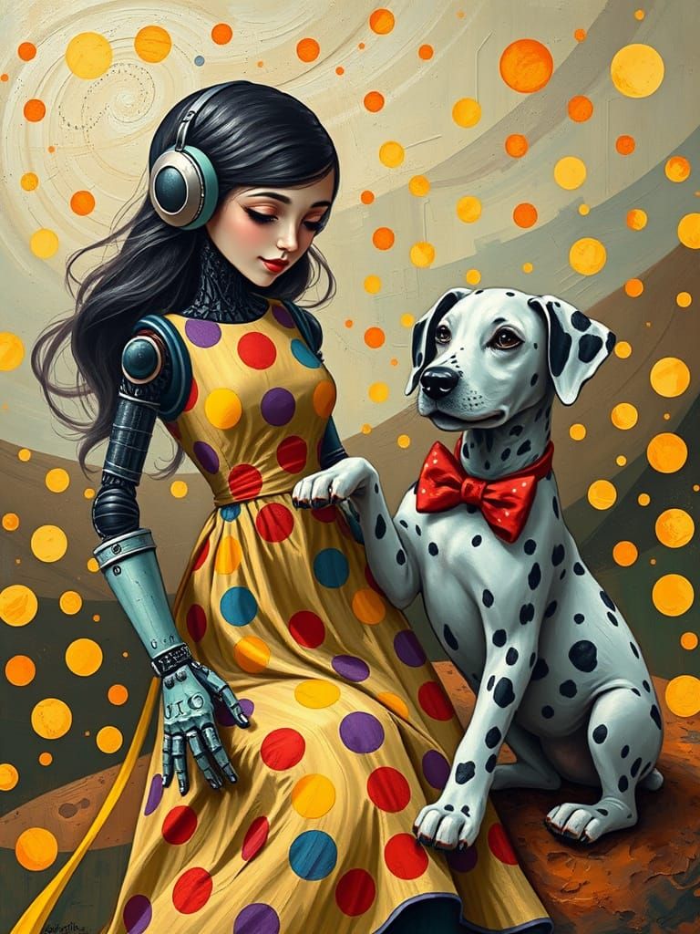 Android Robot and Puppy in Surreal Polka Dot Landscape