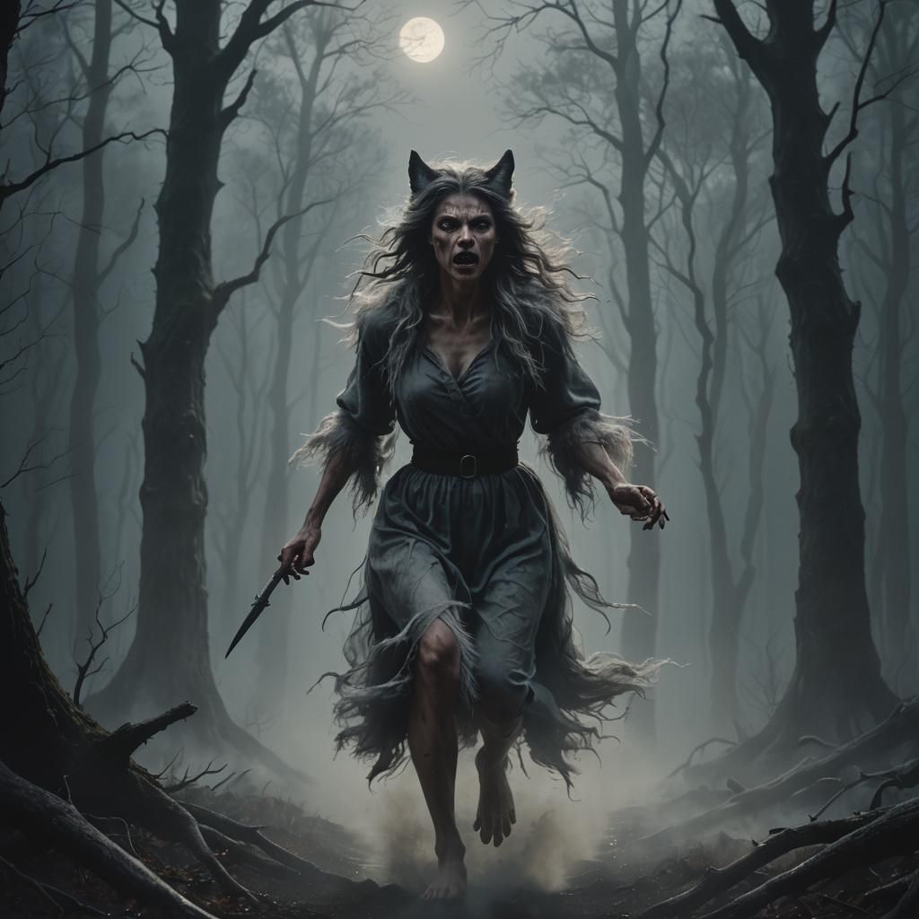 Werewolf Woman in Misty Forest, Dark Fantasy Art
