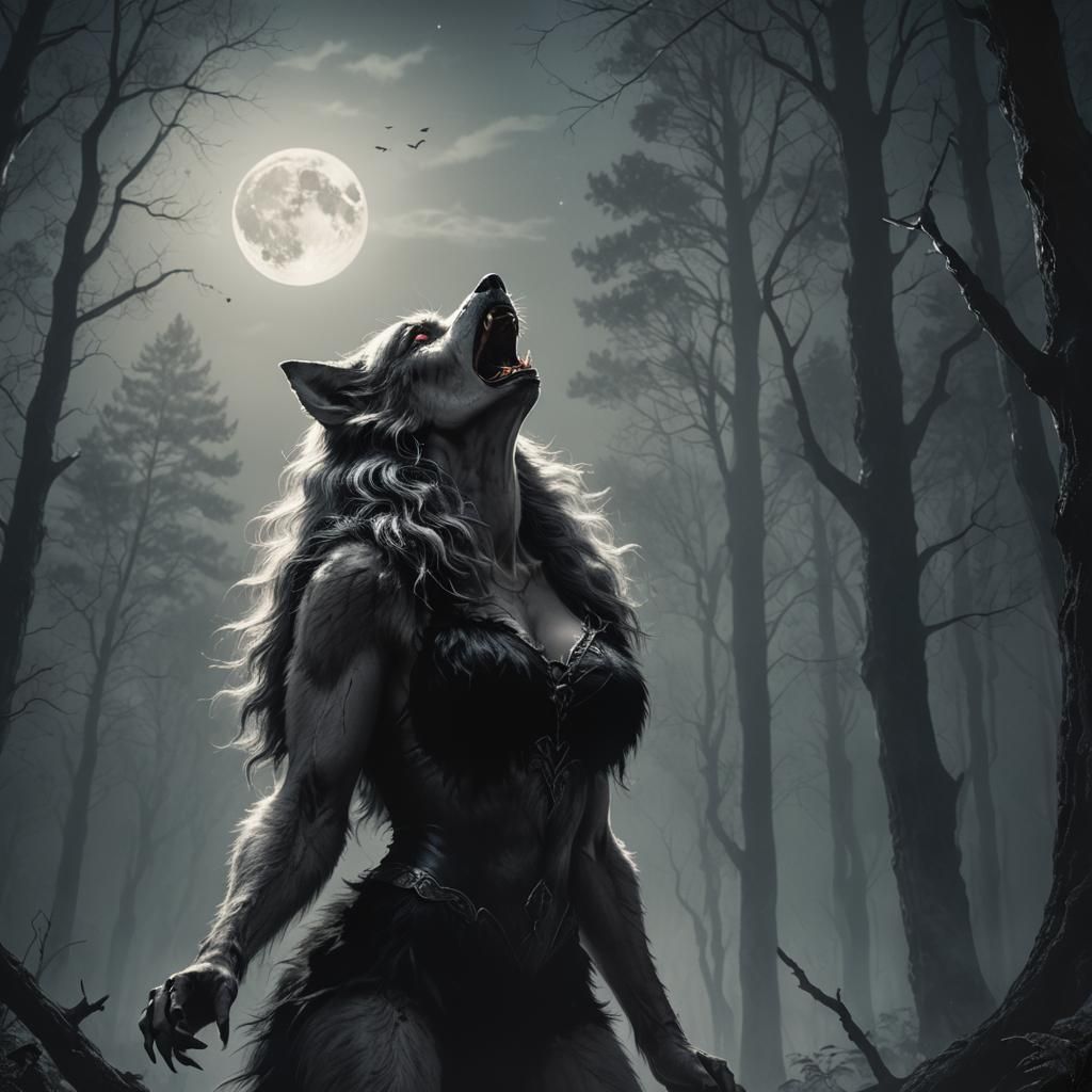 Werewolf Woman Howling in Moonlit Forest