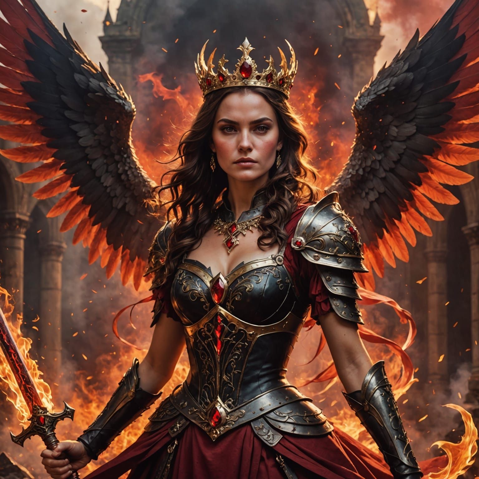 Warrior Queen with Fiery Wings and Sword