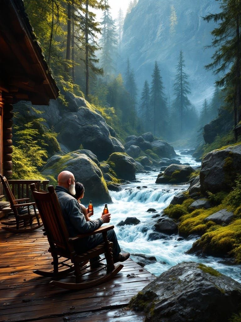 Romantic Rustic Log Cabin Scene by the Brook