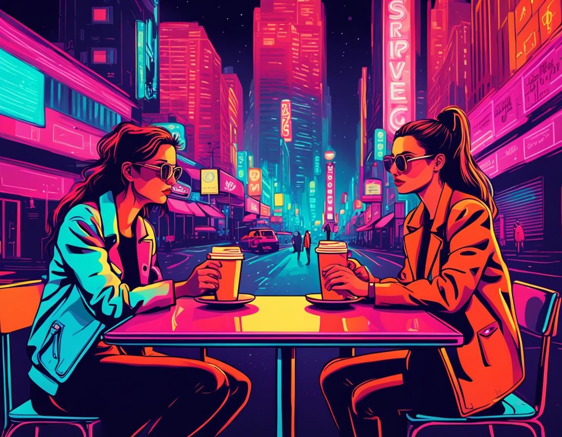 Women Drinking Coffee in Synthwave Neon Retro Style