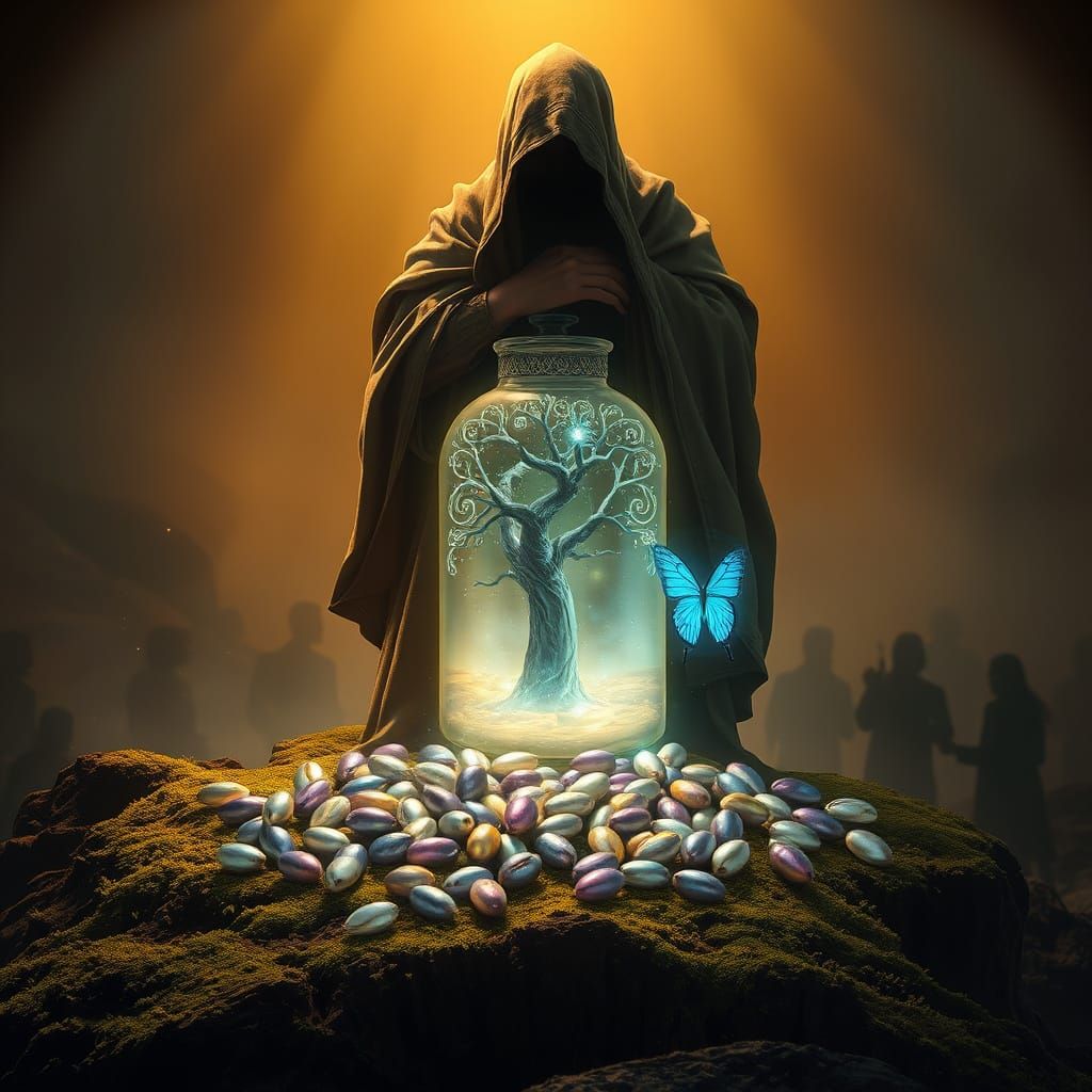 Mystical Figure Unveils Secrets with Glowing, Holographic Be...