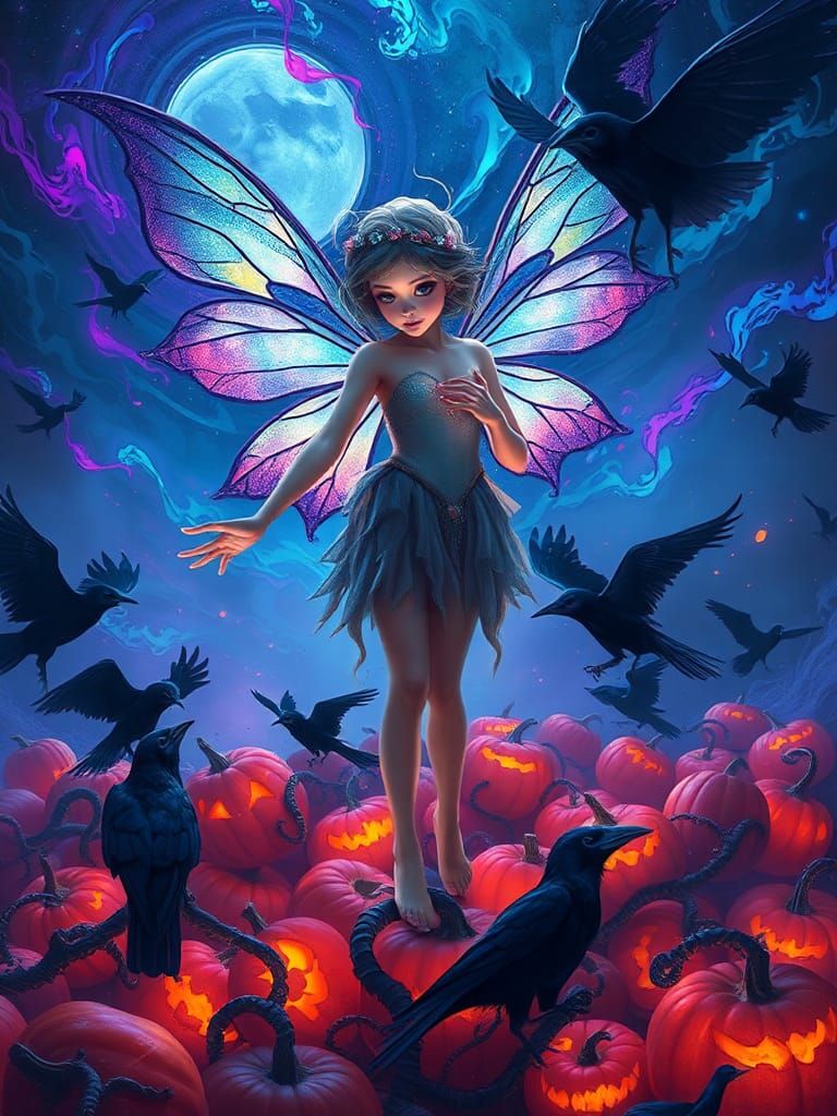 Fairy Surrounded by Pumpkins and Crows in Fantasy Art Style