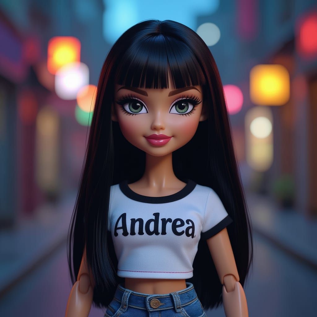 Bratz Doll Andrea with Black Hair and Vivid Background