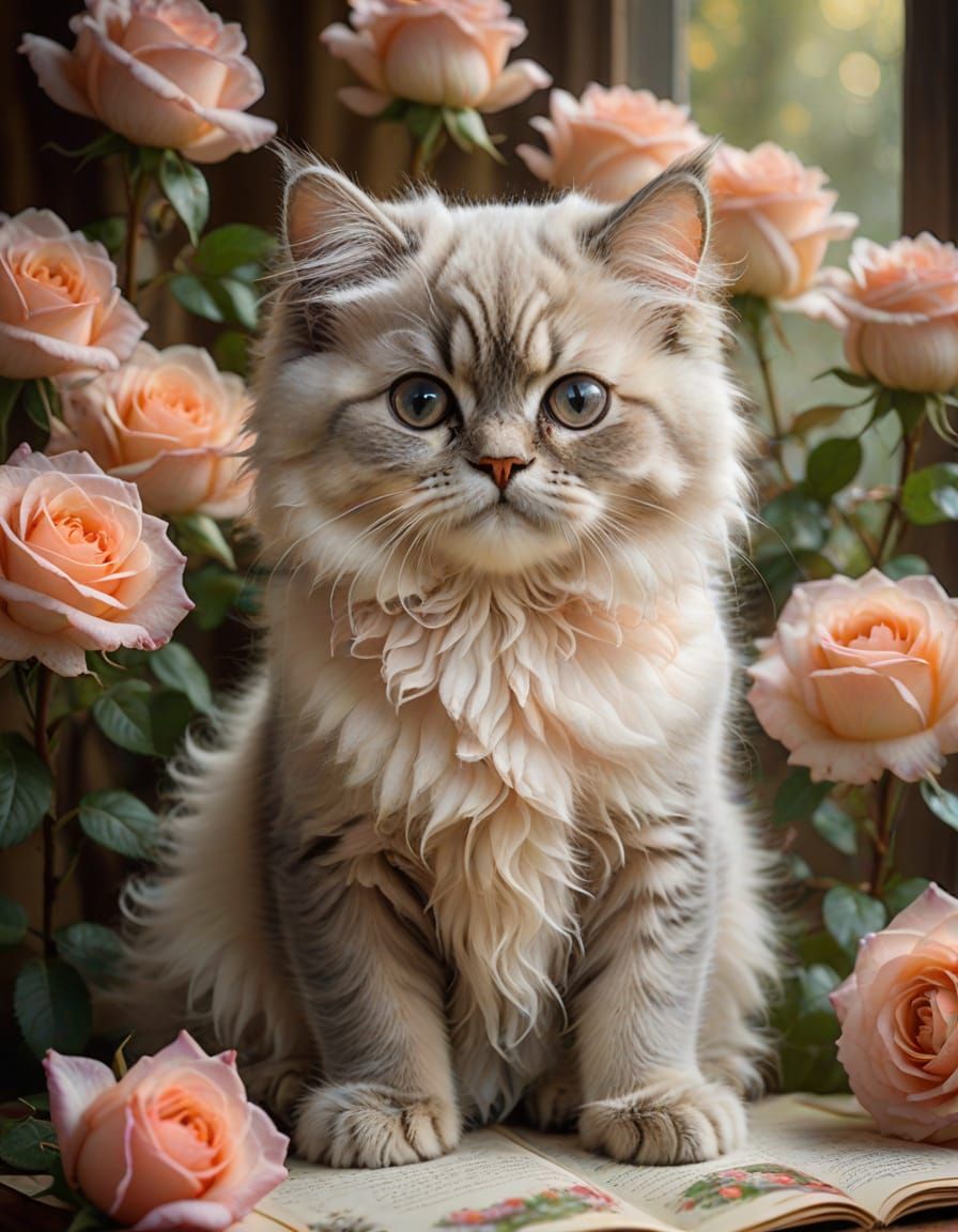 Whimsical Persian Kitten in Thomas Kinkade Style