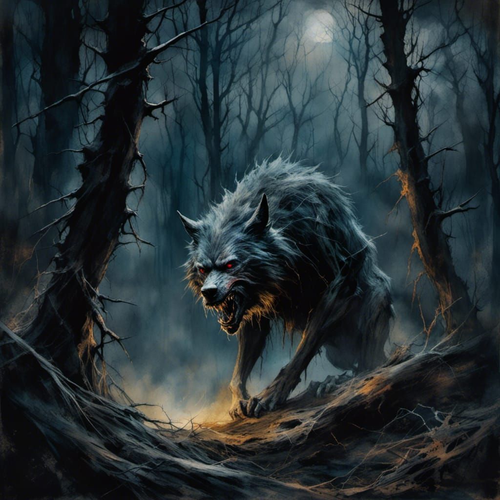 Macabre Wolfman Snarls in Dark Forest, Photoreal 4k