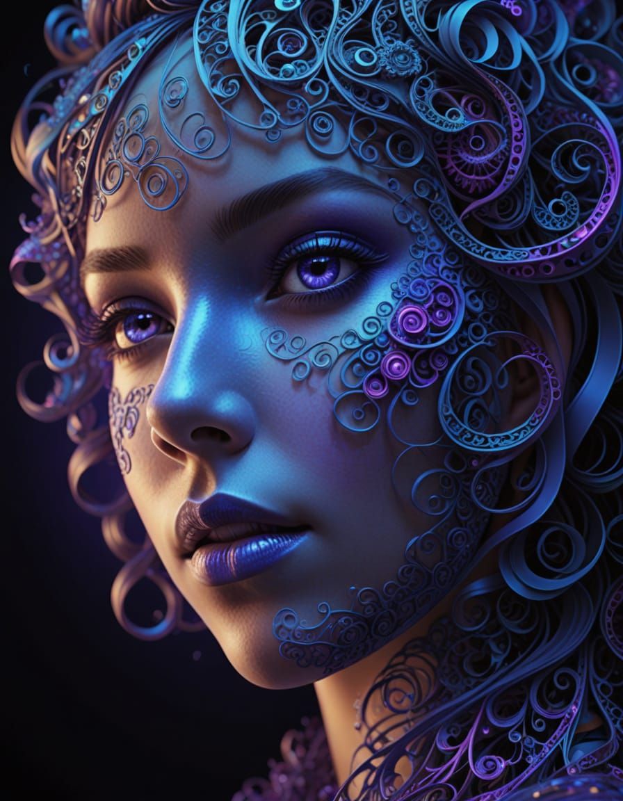 Fractal Face Portrait in Blue and Purple