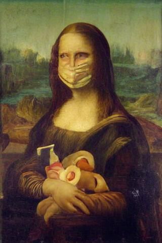 Post-COVID Mona Lisa with Mask and Toilet Paper