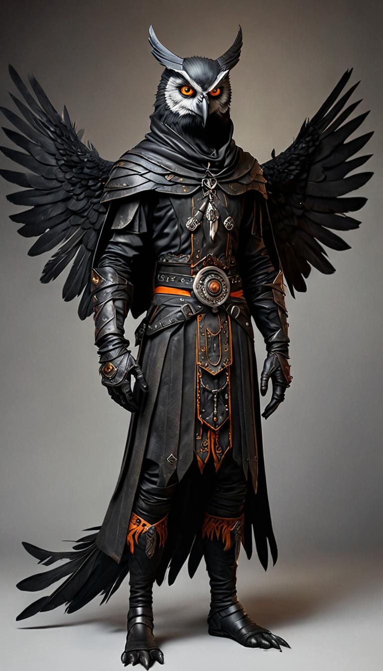Theif DnD anthropomorphic owlin man slim body with black fea...