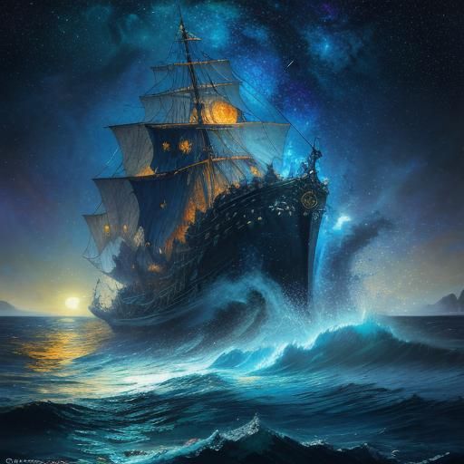 Starry Night Sea: Impressionistic Moonlit Painting