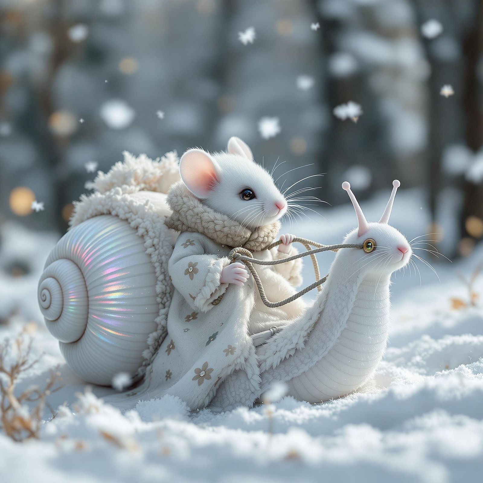 Adorable Mouse Rides Snail-Drawn Carriage Through Snow