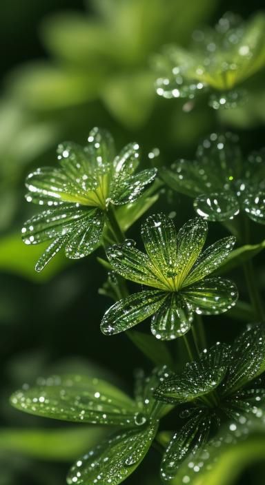 Hyperrealistic Forest: Dew Drops in Emerald Light