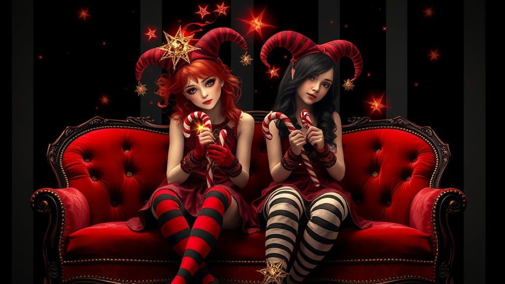 Mystical Christmas Jester Girls in Whimsical Velvet Attire