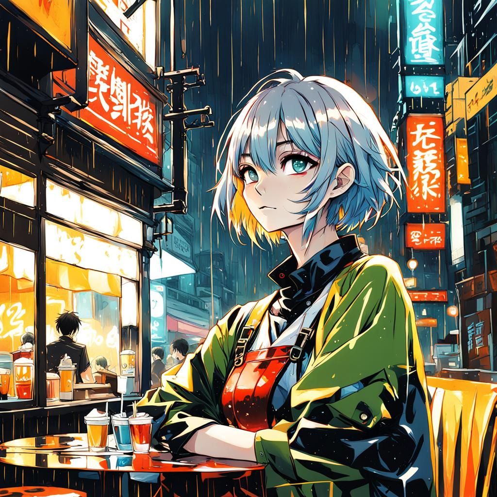 Anime Girl in Rainy Night Cafe