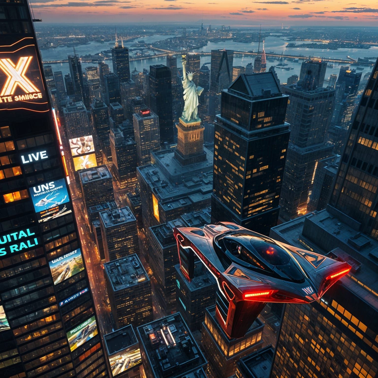 Surreal Futuristic New York Cityscape at Dusk with Flying Ca...