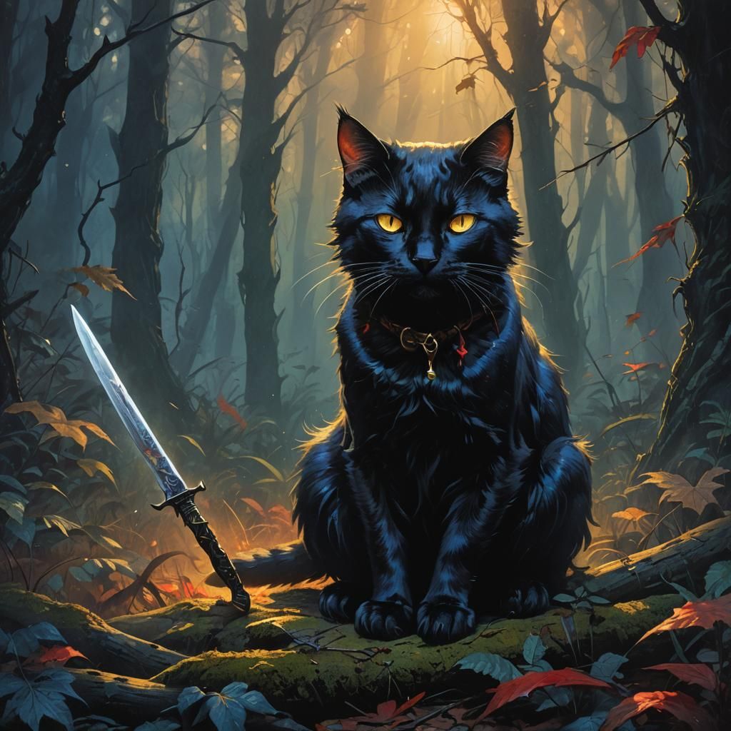 Mystical Black Cat with Knife in Dark Fantasy Style