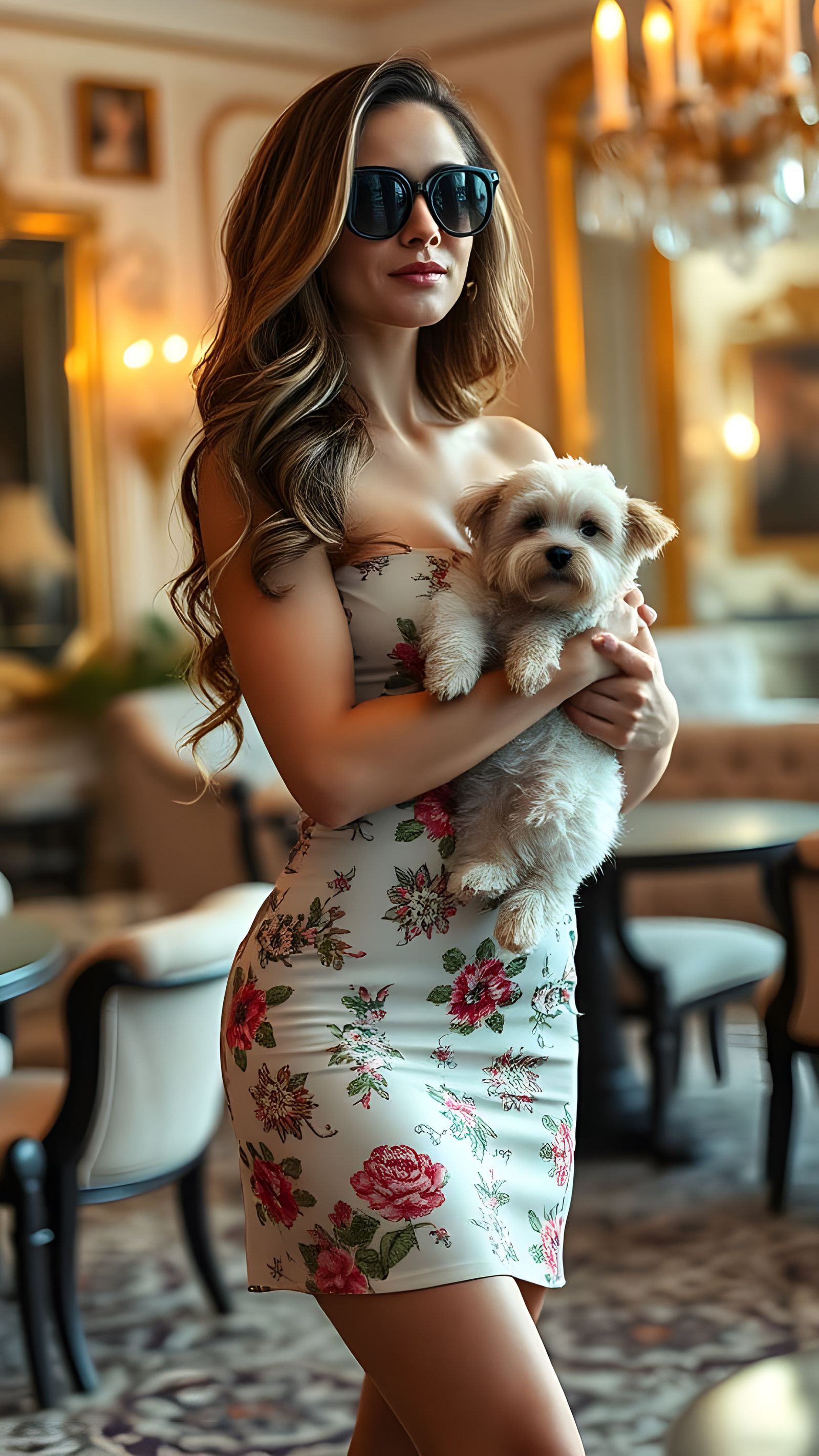 Romanian Woman with Maltese Dog in Salon
