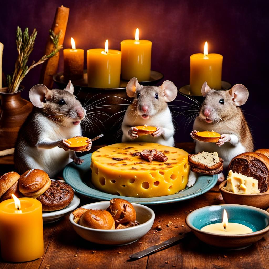 Mice in Clothing Enjoying Candlelit Dinner
