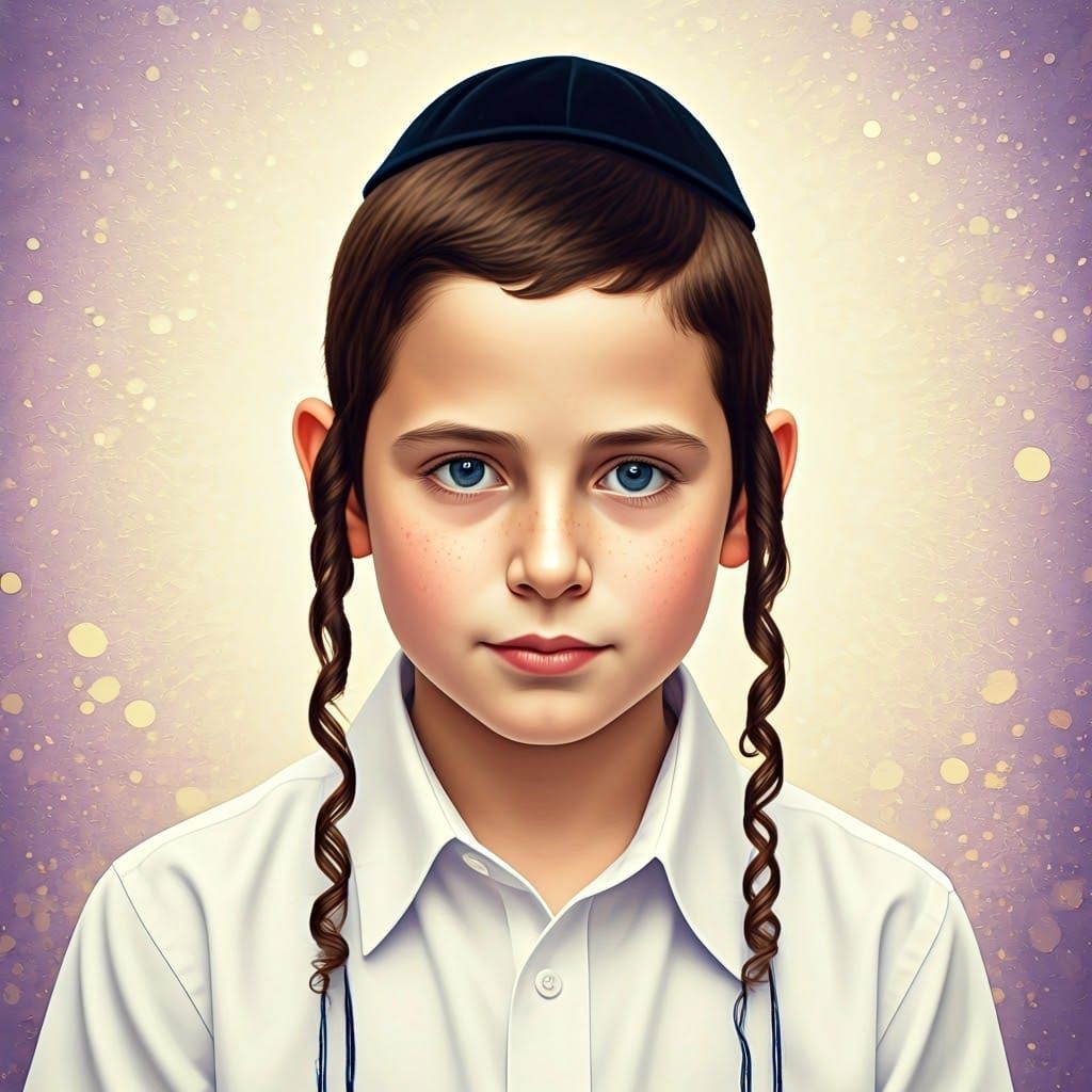 Golden Haredi Boy in Lavender Dreamscape, Inspired by Klimt