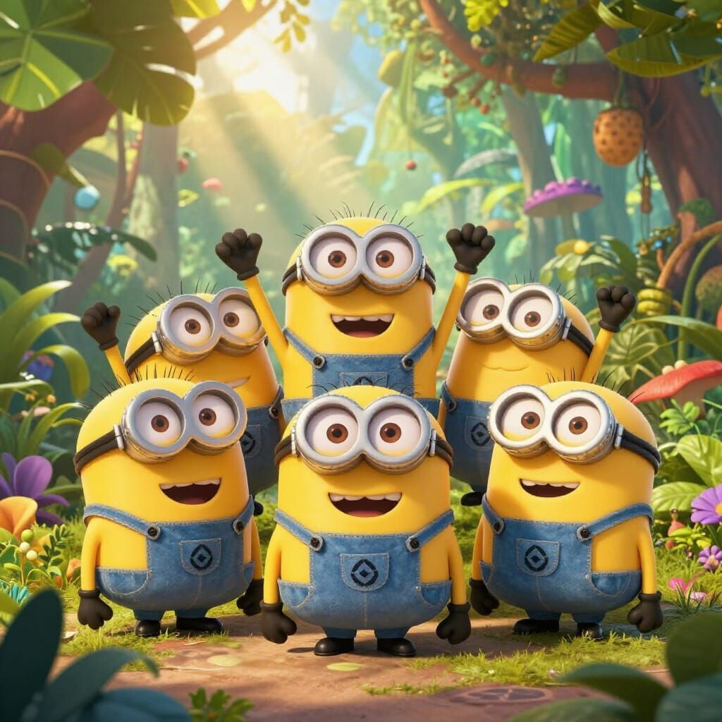 Cheerful Minions Celebrating in a Sunny Jungle Clearing