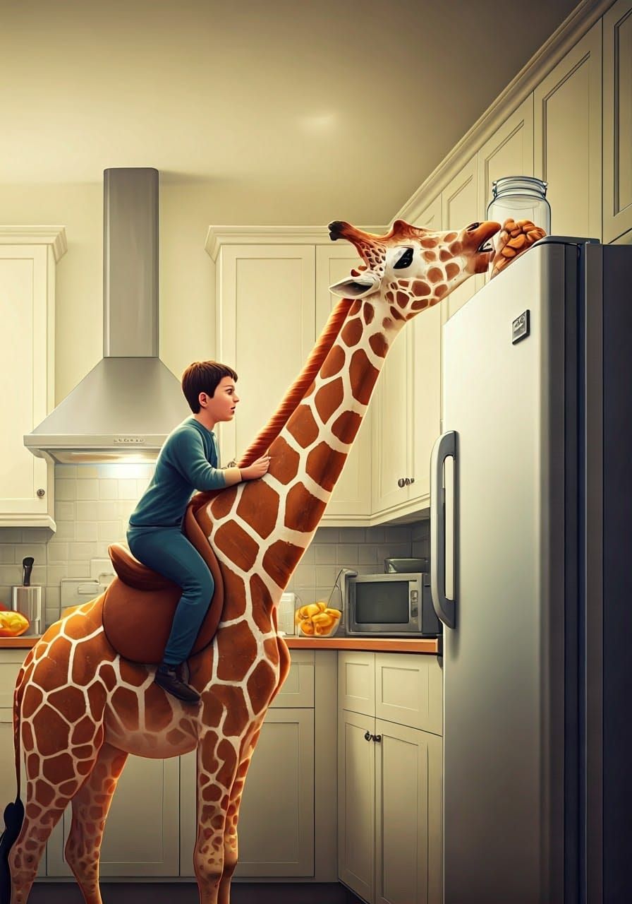 Surreal Child Rides a Giraffe in a Kitchen Scene