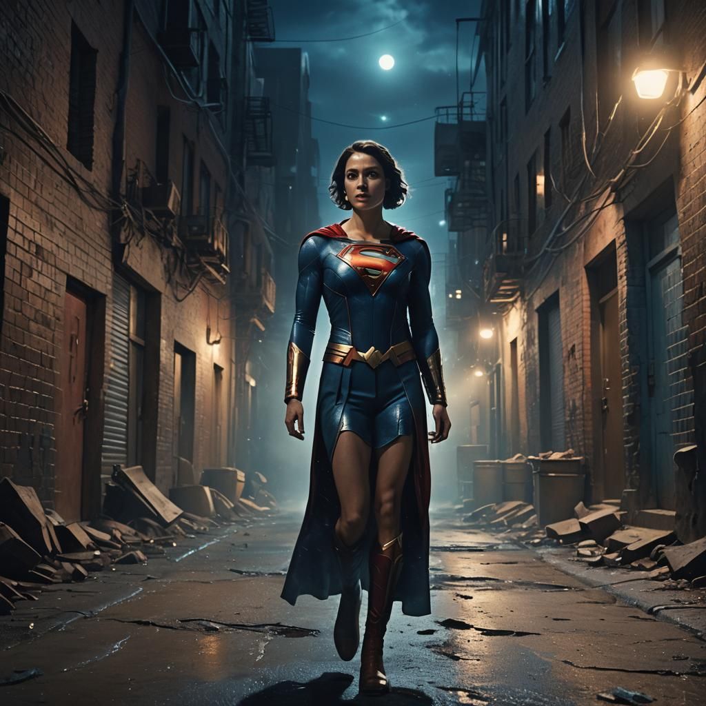 Superwoman in Dark Alley, Cinematic Matte Painting