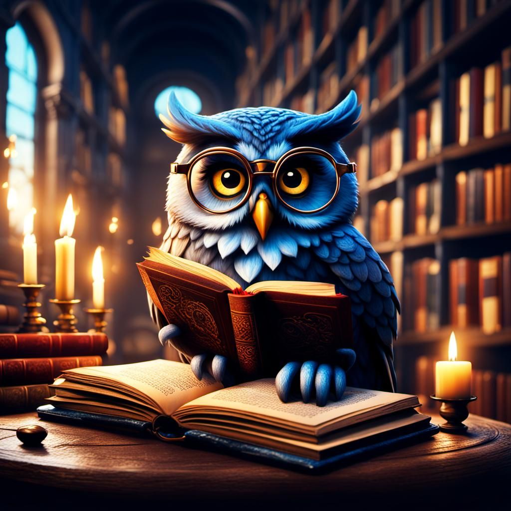 Owl Librarian in Candlelight Fantasy Art