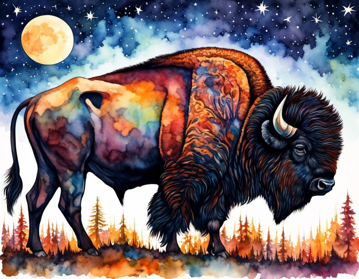 Colorful Watercolor Bison Under Starry Night Sky