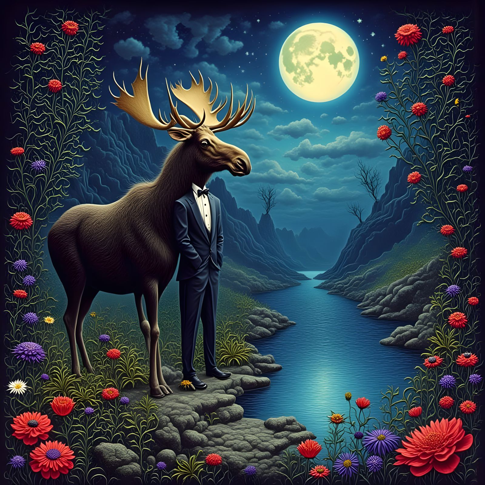Moose Sipping Under Moonlight: Floral Dark Art