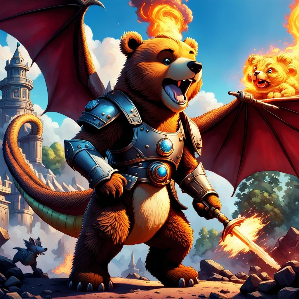 Teddy Bear Warrior Versus Dragon in Comic Book Style