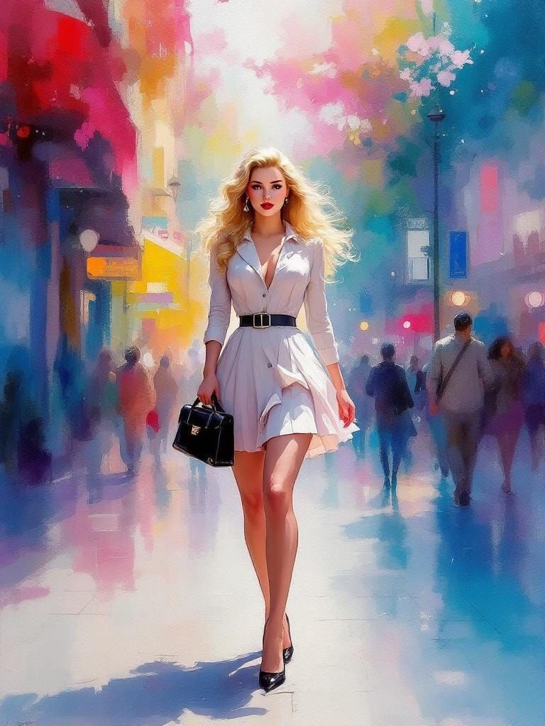 Vintage Pin-Up Girl in Impressionistic Cityscape