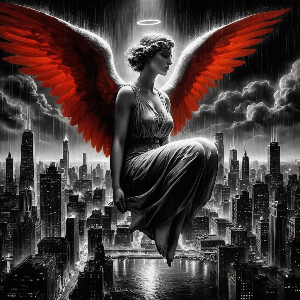 Angel of Judgement Over Dark Deco City