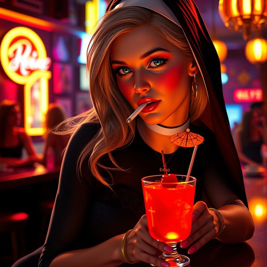 Confident Blonde Nun Sits at a Dimly Lit Bar in a Vibrant Co...