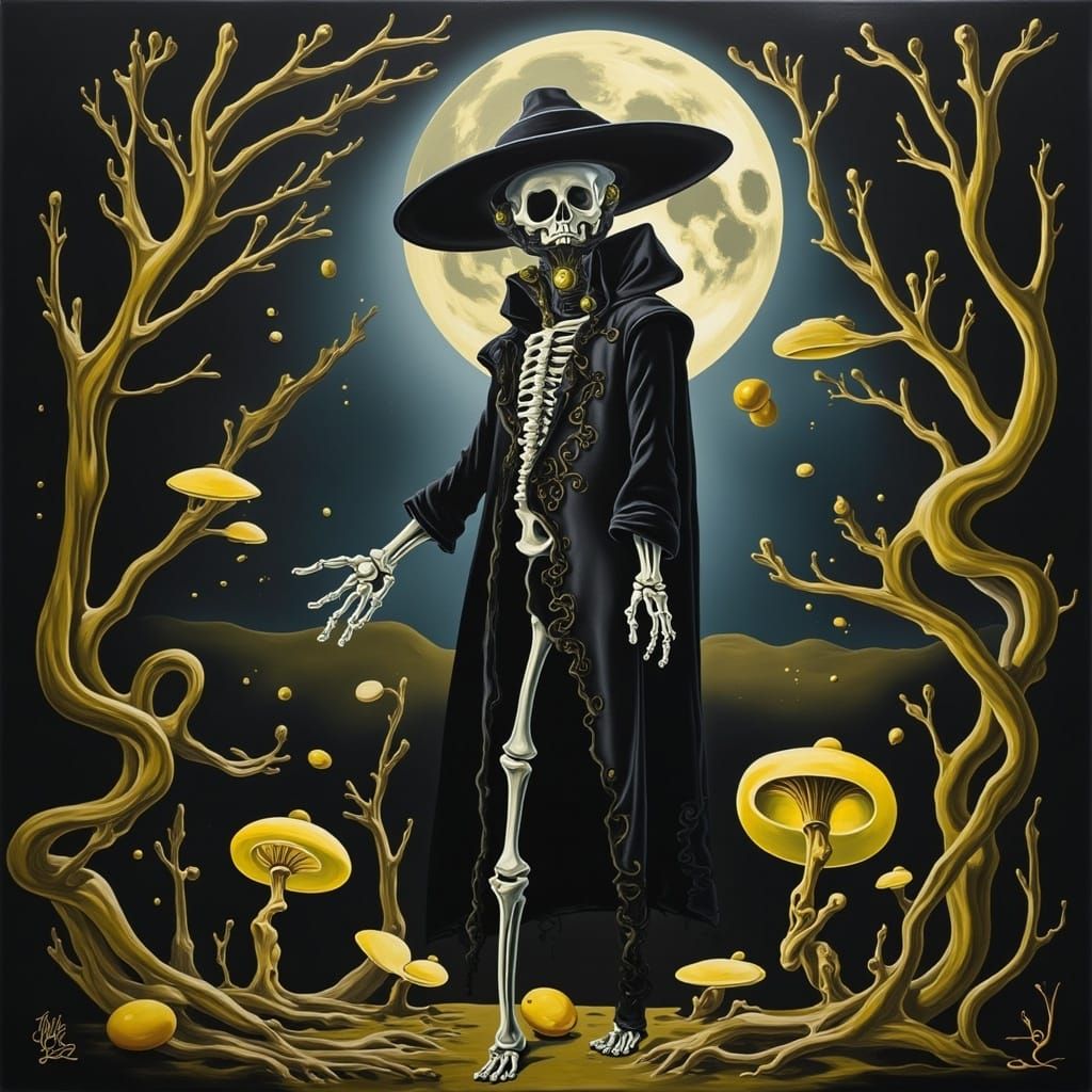 Elegant Skeleton in Mystical Forest, Eerie Whimsy Style