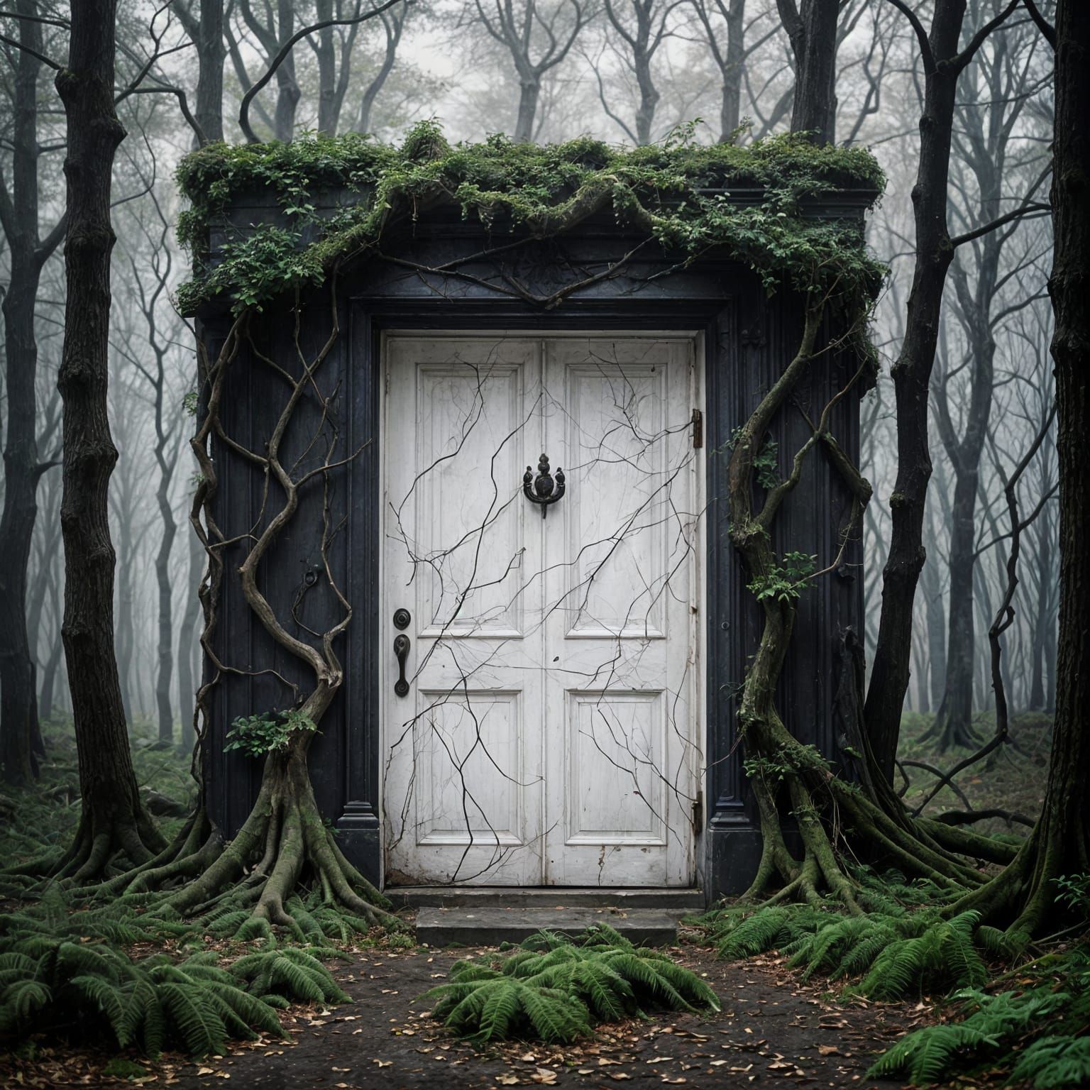 White Marble Door in Dark Forest